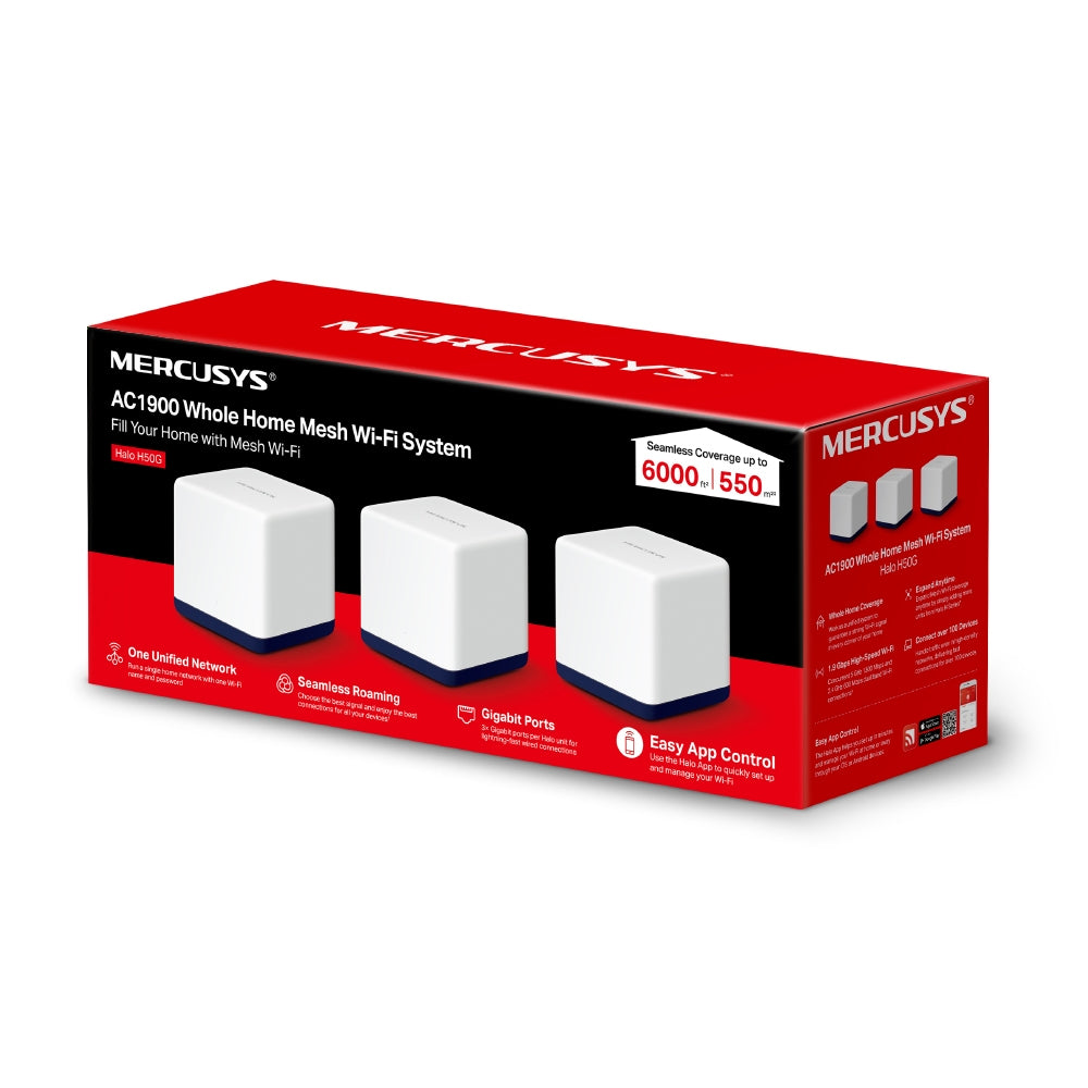 MERCUSYS Halo H50G AC1900 1.9 Gbps Whole Home Mesh Wi-Fi System | Smooth Streaming | 3x Gigabit Ports | MU-MIMO Beamforming MERCUSYS Halo H50G AC1900 1.9 Gbps Whole Home Mesh Wi-Fi System | Smooth Streaming | 3x Gigabit Ports | MU-MIMO Beamforming
